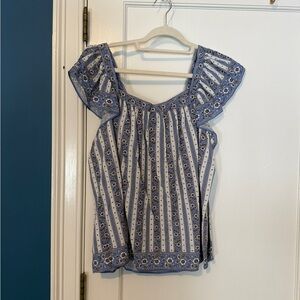 Max Studio Blue and White Striped Floral Blouse